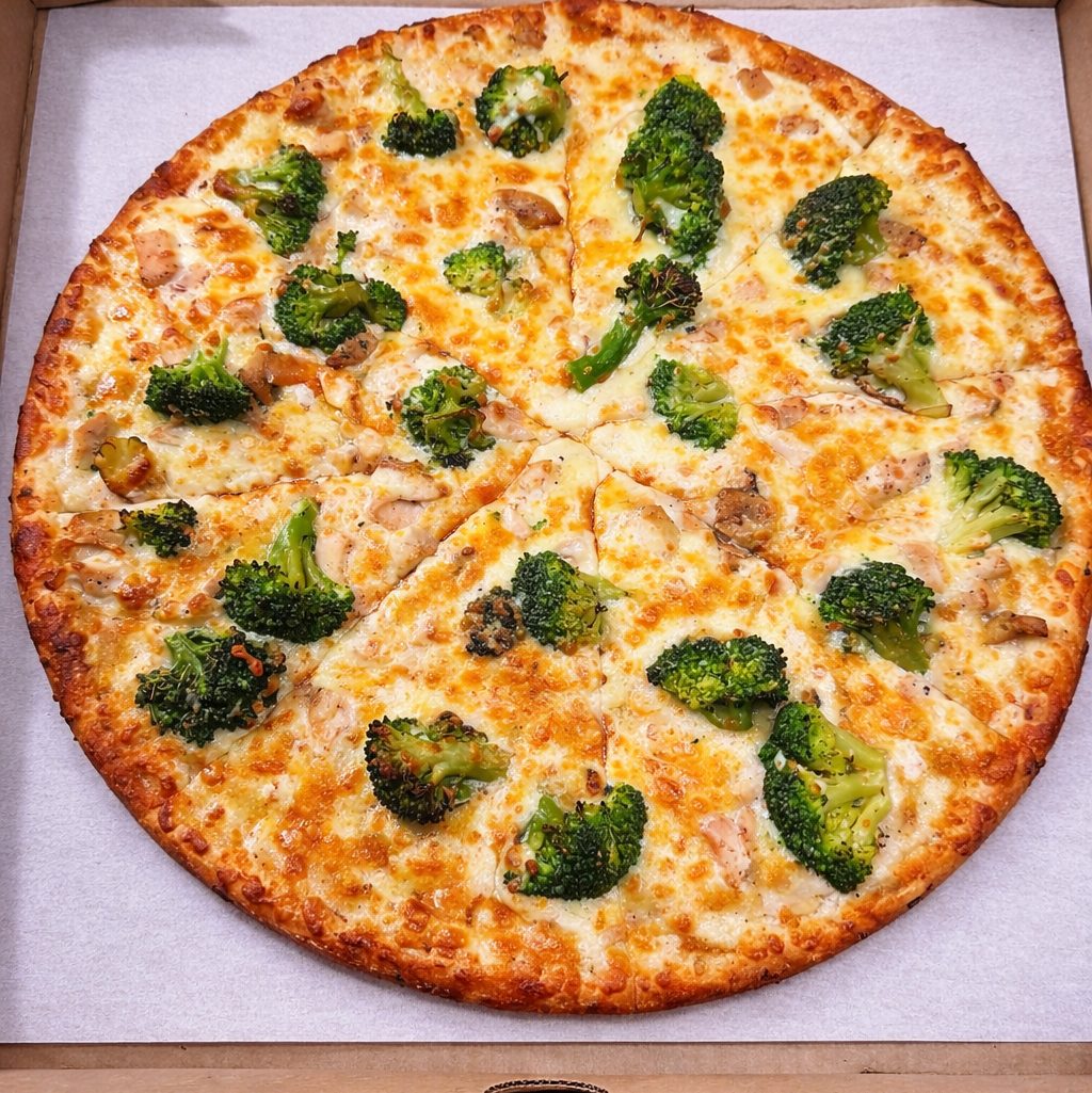 Bianco Chicken Broccoli Alfredo Pizza.