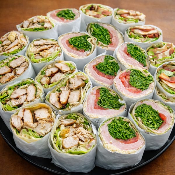 A catering tray filled with various Pete's-A-Place wraps, including chicken, ham, and turkey.