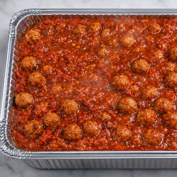 Steaming meatballs in rich red marinara sauce, served in a large aluminum catering pan.