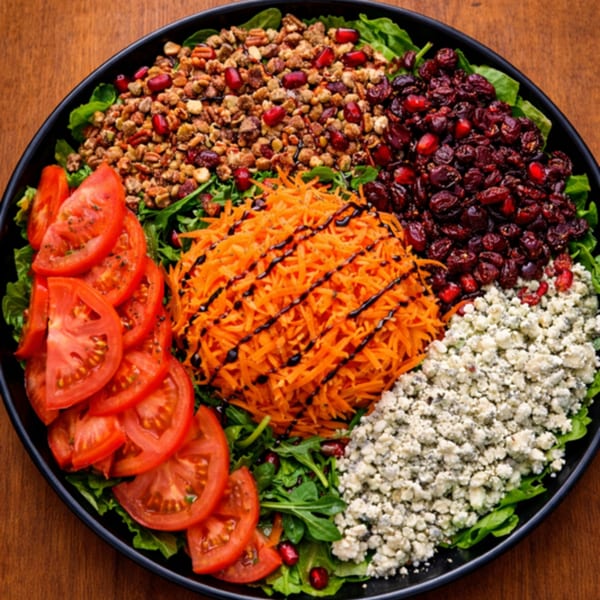 A vibrant salad with tomatoes, shredded carrots, blue cheese, dried cranberries, and granola on greens.