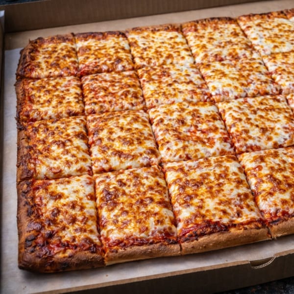 A rectangular Pete's-A-Place pizza, cut into many square slices, sits in a cardboard box.