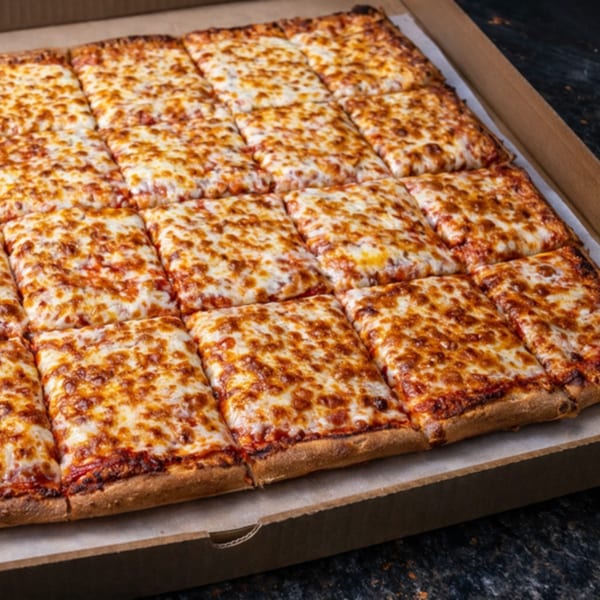 A large, rectangular Pete's-A-Place cheese pizza, cut into squares, in a cardboard box.