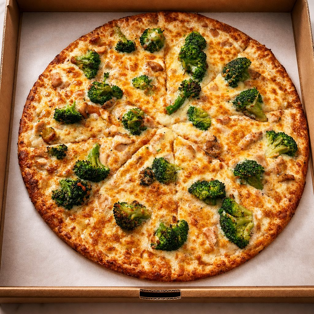 Bianco Chicken Broccoli Alfredo Pizza.